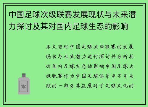 中国足球次级联赛发展现状与未来潜力探讨及其对国内足球生态的影响