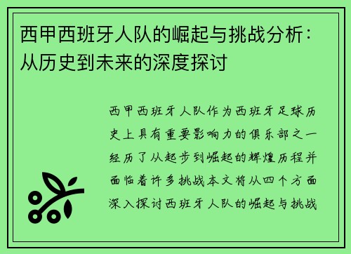 西甲西班牙人队的崛起与挑战分析：从历史到未来的深度探讨